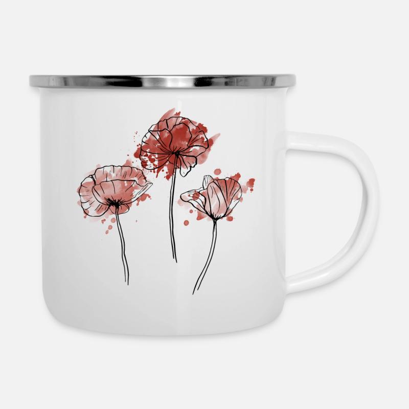 3 Mohnblumen - Emaille-Tasse - Weiß