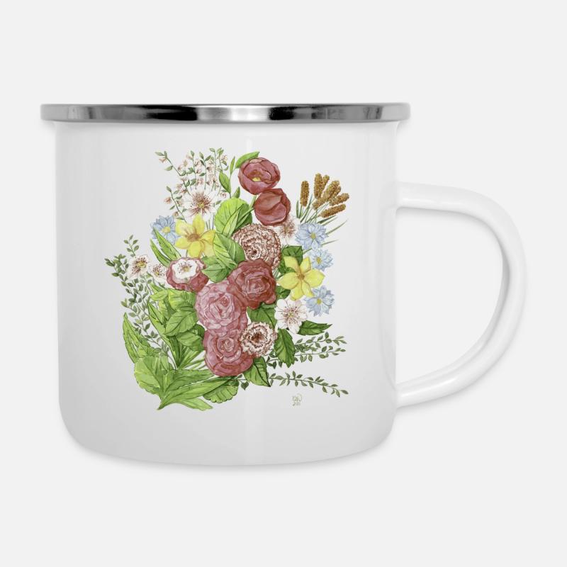Blumen - Emaille-Tasse - Weiß