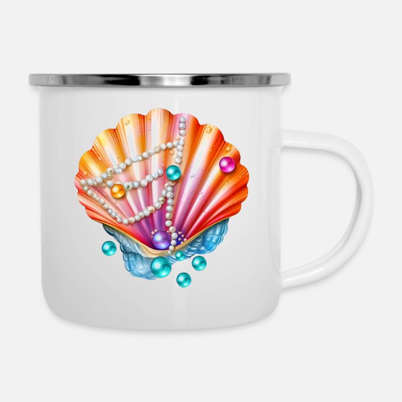 Muschel mit Perlen - Emaille-Tasse - Weiß