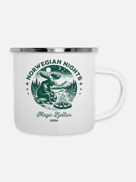 Norwegen Fjelltun Shirt mit Elch am Lagerfeuer - Emaille-Tasse - Weiß