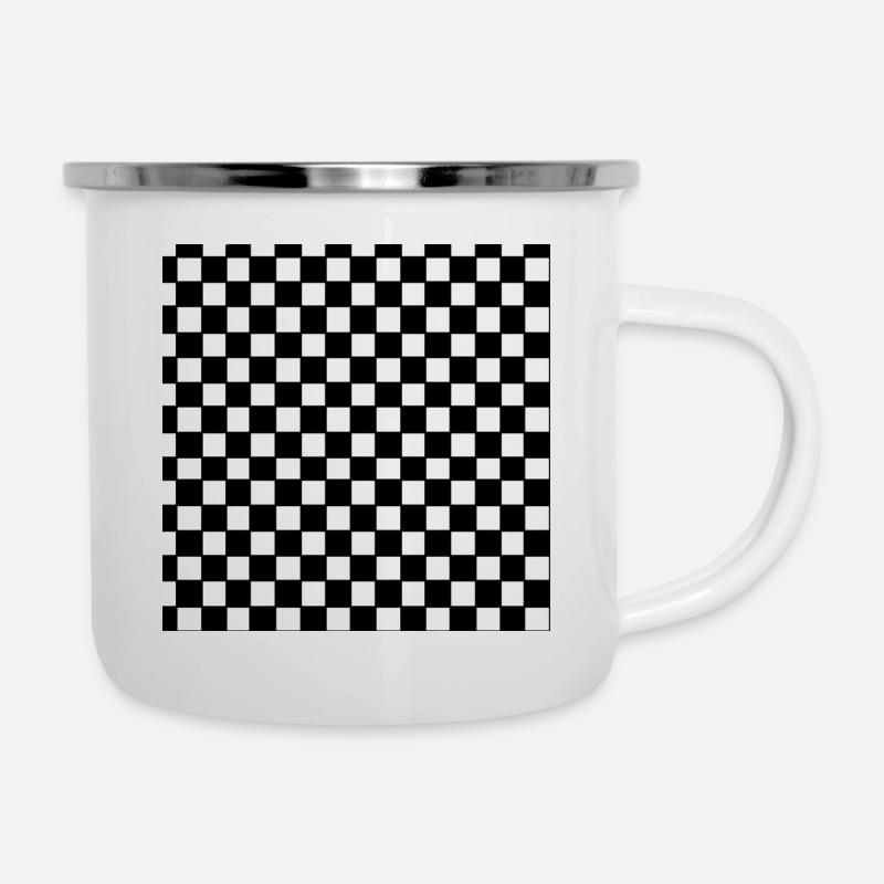 Schwarz-weißes Schachbrettmuster - Emaille-Tasse - Weiß