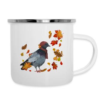 Colombe en automne avec des feuilles - Tasse émaillée - blanc - Droite