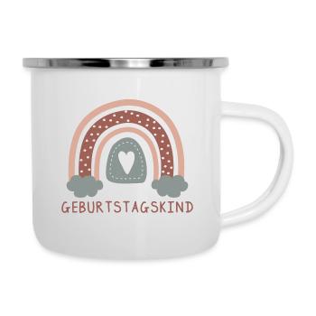 Geburtstagskind Regenbogen mit Herz | Boho Style - Emaille-Tasse - Weiß - Rechts