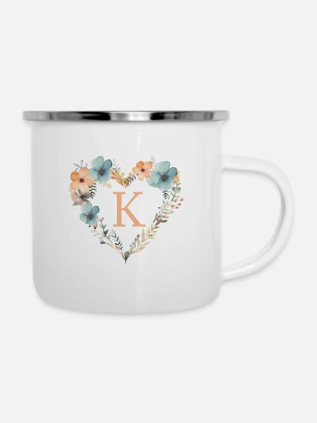 K Monogramm Herz Blumen Kranz - Emaille-Tasse - Weiß