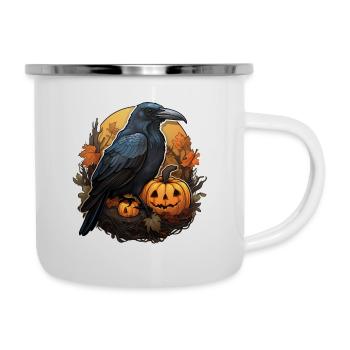 Krähe mit Kürbis Halloween 2 - Emaille-Tasse - Weiß - Rechts