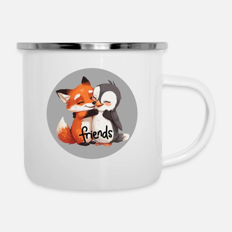 Pinguin Fuchs Freundschaft - Emaille-Tasse - Weiß