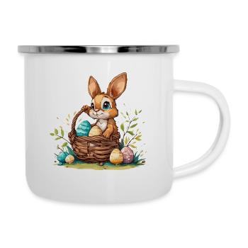 Lapin avec un panier de Pâques rempli d’œufs - Tasse émaillée - blanc - Droite