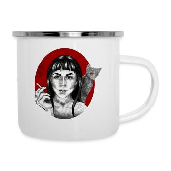 Laserkatze - Emaille-Tasse - Weiß - Rechts