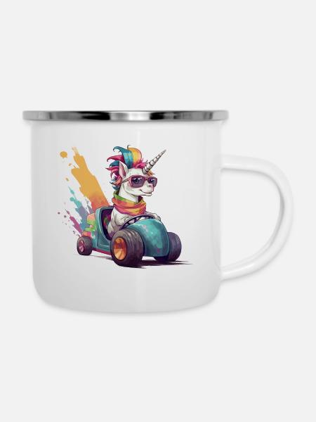 Einhorn mit dem Auto - Emaille-Tasse - Weiß