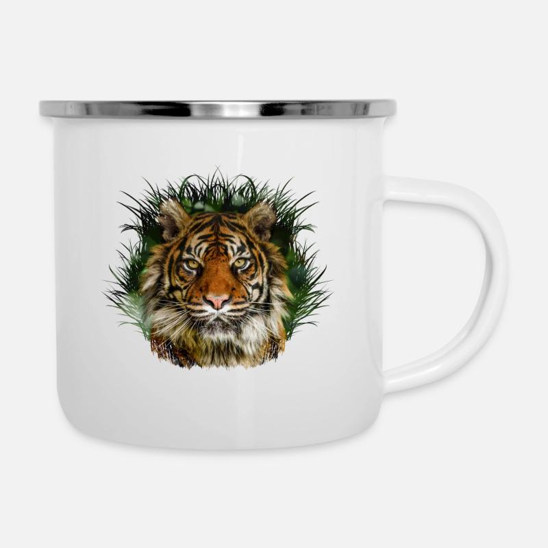 Tiger späht durch Gras - Emaille-Tasse - Weiß