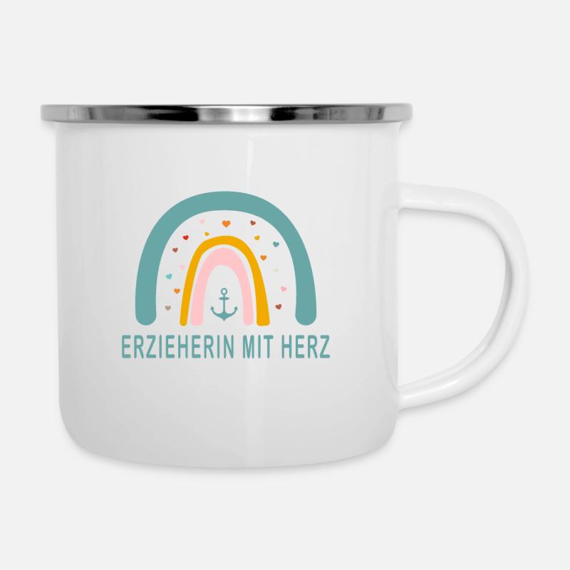 Erzieherin mit Herz! Regenbogen, personalisierbar - Emaille-Tasse - Weiß
