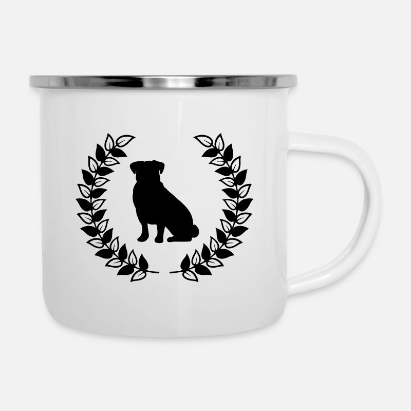 Sitzender Mops Lorbeerkranz - Emaille-Tasse - Weiß