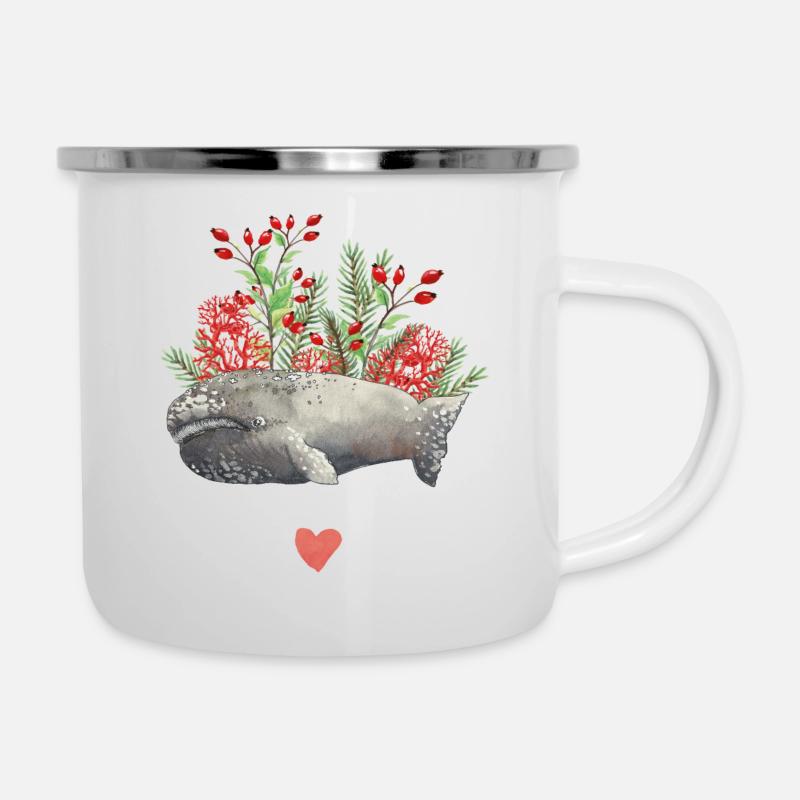 Wal & Korallen - Emaille-Tasse - Weiß