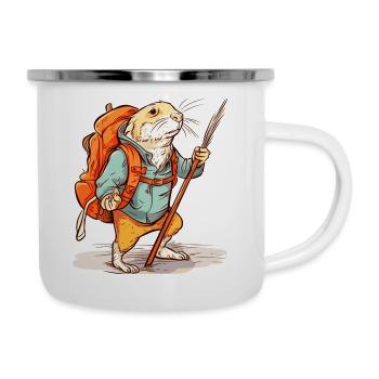 Mole rat as a hiker with stick and backpack - Camper Mug - white - Right