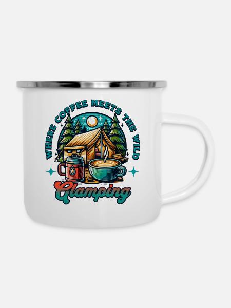 Glamping und Kaffee - Emaille-Tasse - Weiß