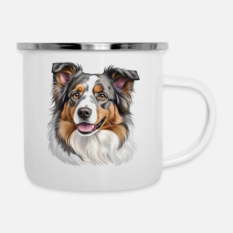 Australian Shepherd Kopf - Emaille-Tasse - Weiß