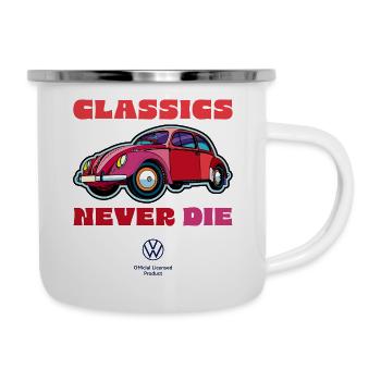 Volkswagen VW Roter Beetle Mit Logo Und Schriftzug - Emaille-Tasse - Weiß - Rechts
