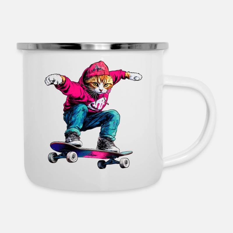 Katzen Skateboard - Emaille-Tasse - Weiß