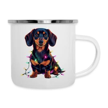 Dackel Weihnachten Lustiger Hund mit Lichterkette - Emaille-Tasse - Weiß - Rechts