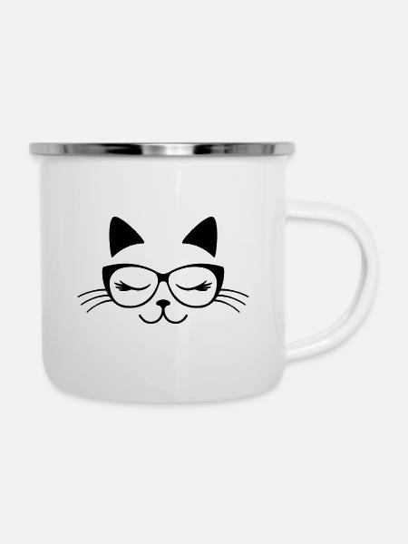 Katze in Gläsern - Emaille-Tasse - Weiß