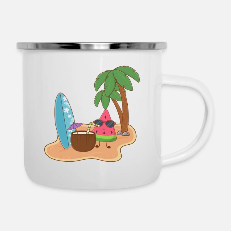 Mel Melone auf der Insel Sommer Melone - Emaille-Tasse - Weiß