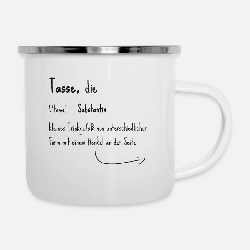 Tasse Duden mit Pfeil - Emaille-Tasse - Weiß