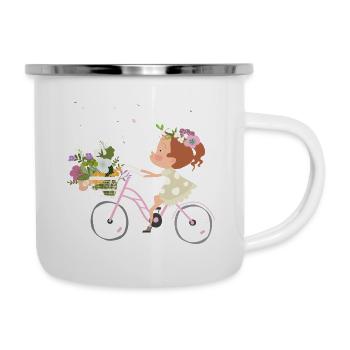 Frühling, Mädchen, Fahrrad, Geschenk, schulsachen, - Emaille-Tasse - Weiß - Rechts