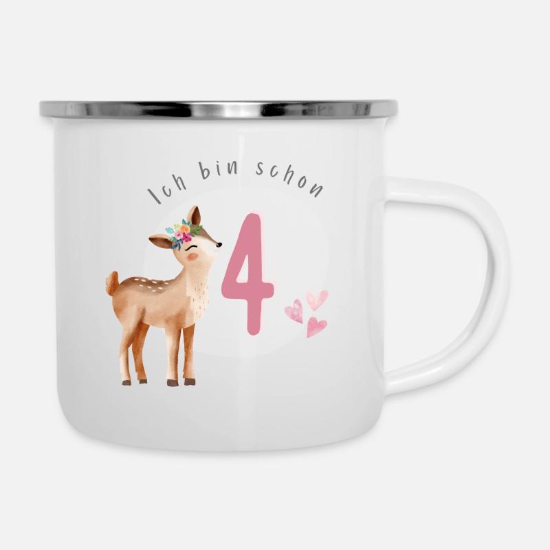 Geburtstag ich bin schon vier Jahre Reh Waldtiere - Emaille-Tasse - Weiß