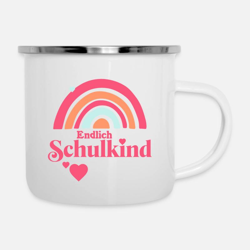 Enmdlich Schulkind - Boho Regenbogen mit Herz - Emaille-Tasse - Weiß