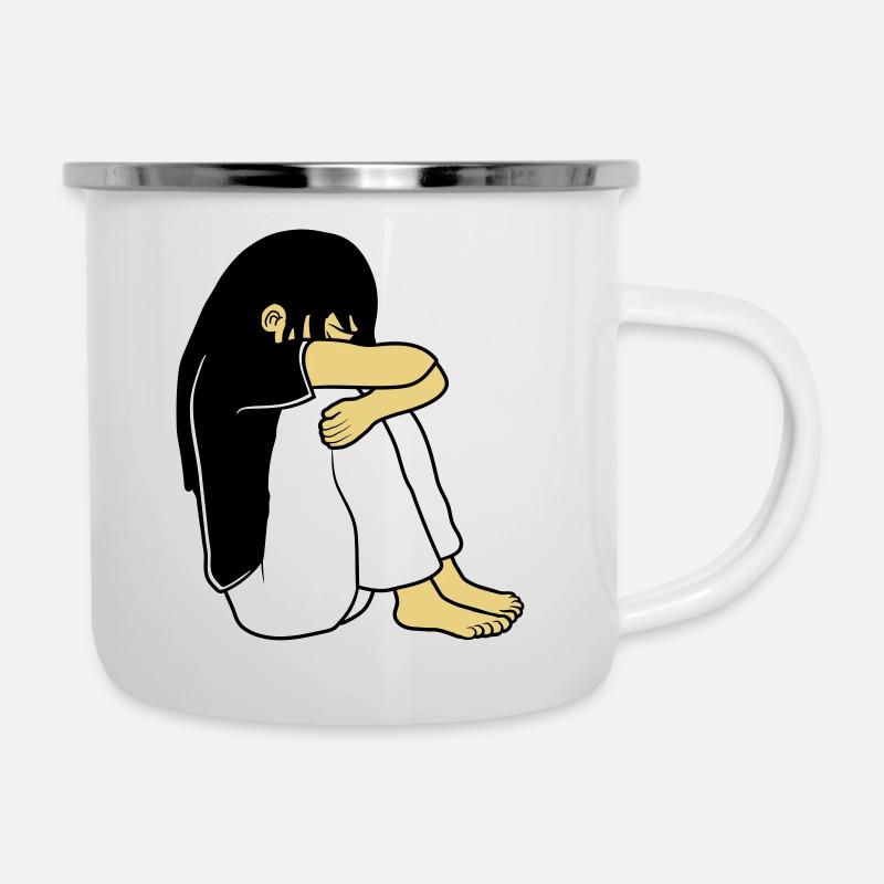 Trauriges Sitzendes Mädchen - Emaille-Tasse - Weiß
