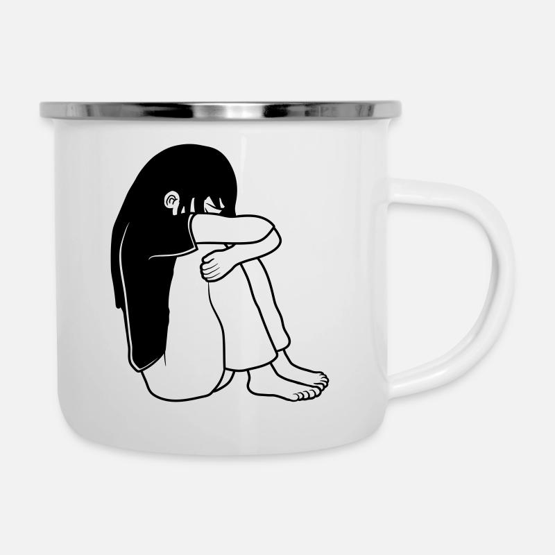 Mädchen Traurig Sitzend - Emaille-Tasse - Weiß