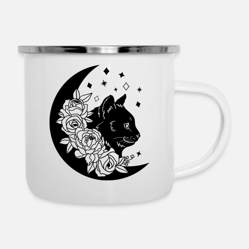Katze schwarz mit Rosen - Emaille-Tasse - Weiß