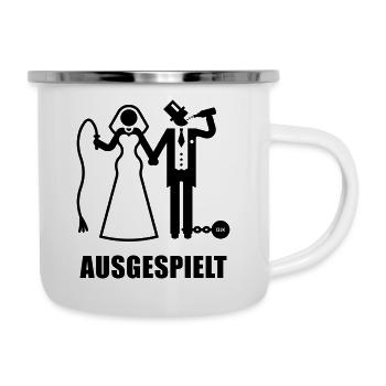 Ausgespielt! (JGA / Peitsche / Bier / Fessel / B) - Emaille-Tasse - Weiß - Rechts