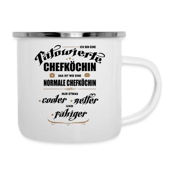 Chefköchin mit Tattoos. Tätowierte Köchin. - Emaille-Tasse - Weiß - Rechts