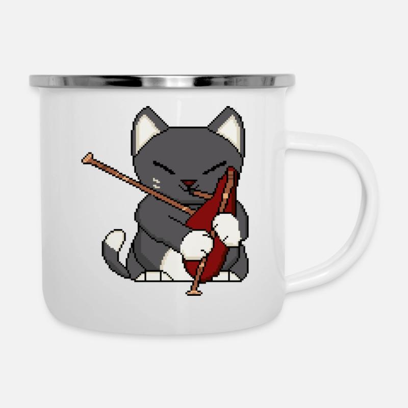 Katze spielt Dudelsack Pixelart - Emaille-Tasse - Weiß