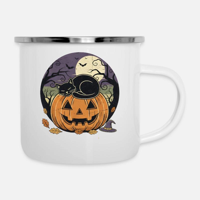 Black Cat Sleeping on Jack-o Lantern | Halloween  - Camper Mug - white