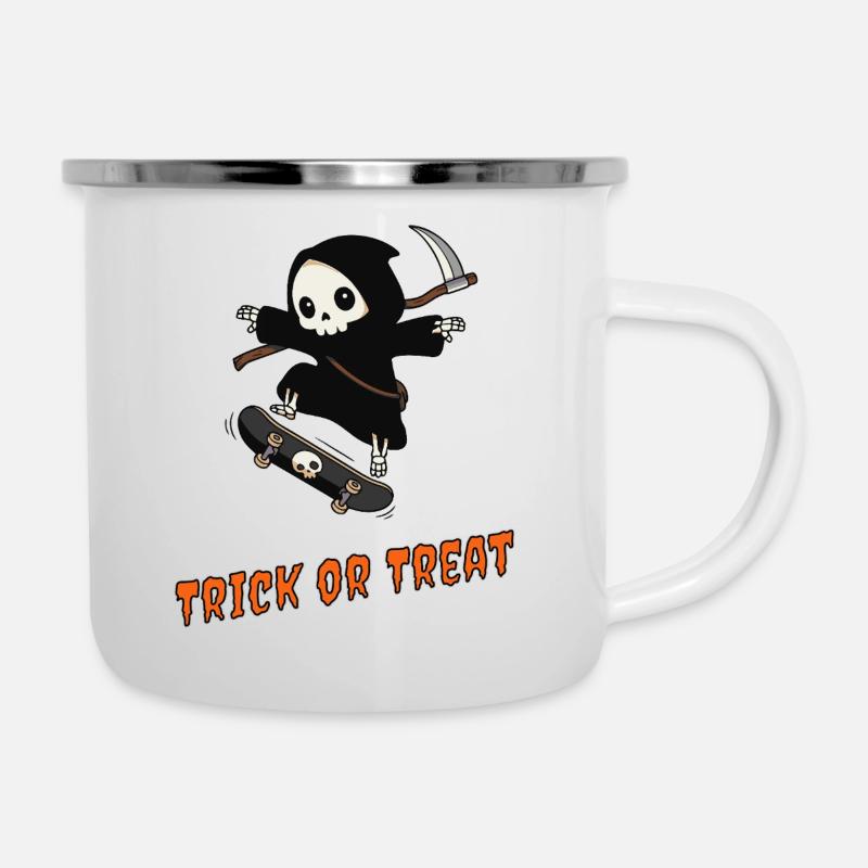 Süßes oder Saures – Skater Reaper - Emaille-Tasse - Weiß