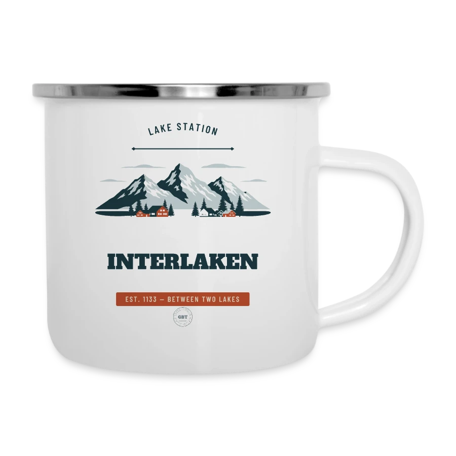 Interlaken badge on a camper mug, white