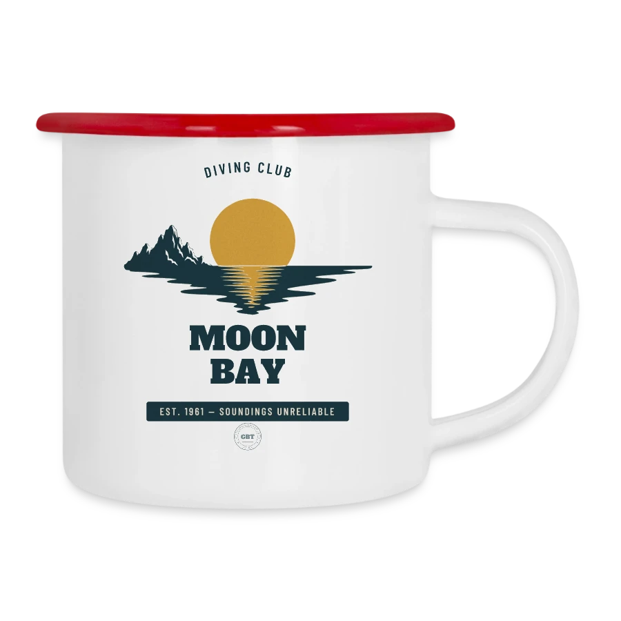 Moon Bay badge on a camper mug, white/red