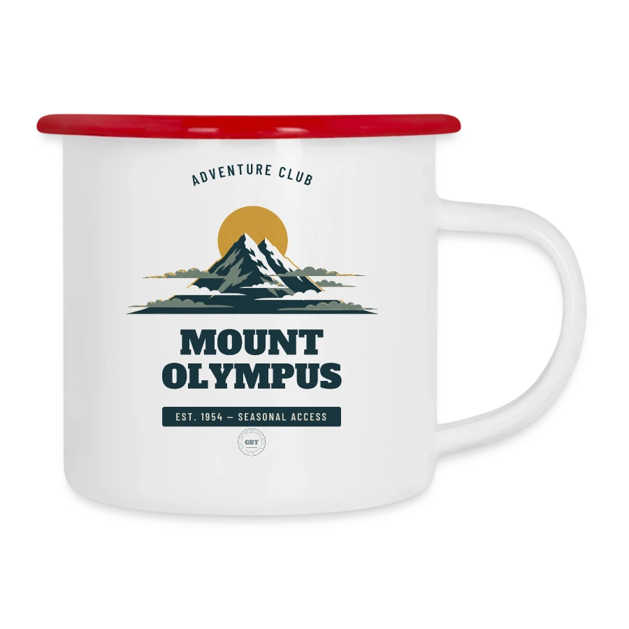 Mount Olympus badge on a camper mug, white/red