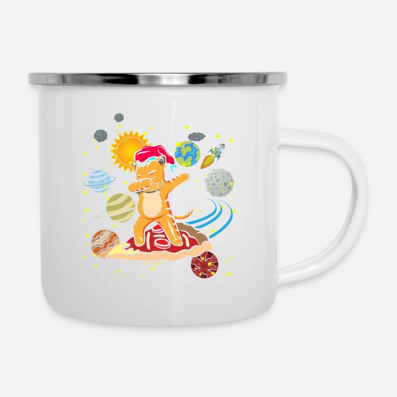 Dabbing Katze Dab Pizza Weltall Geschenk Weltraum - Emaille-Tasse - Weiß