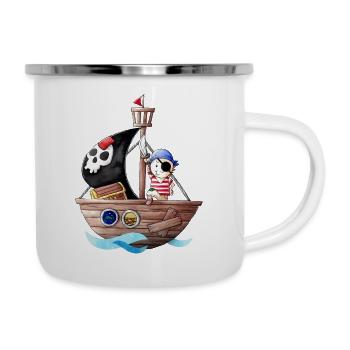Kleiner Pirat mit seinem Schiff - Emaille-Tasse - Weiß - Rechts