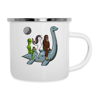 Ausländisches Unicorn Bigfoot Riding Loch Ness Monster - Emaille-Tasse - Weiß - Rechts