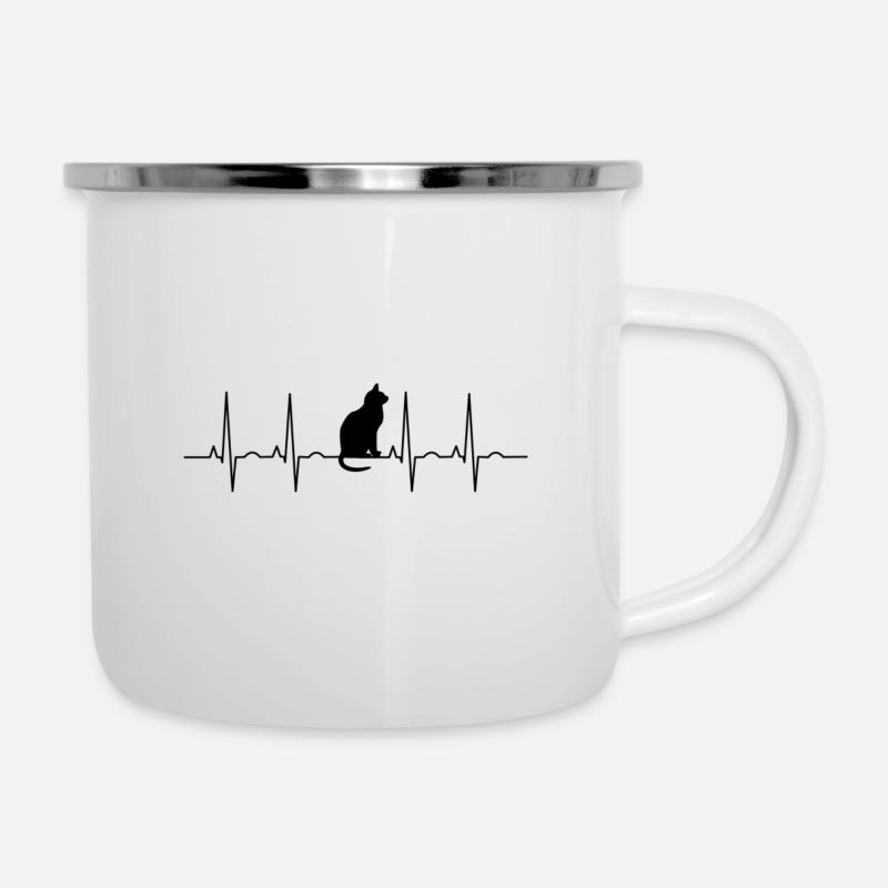 Katze sitzend auf einem Puls Herzschlag - Emaille-Tasse - Weiß