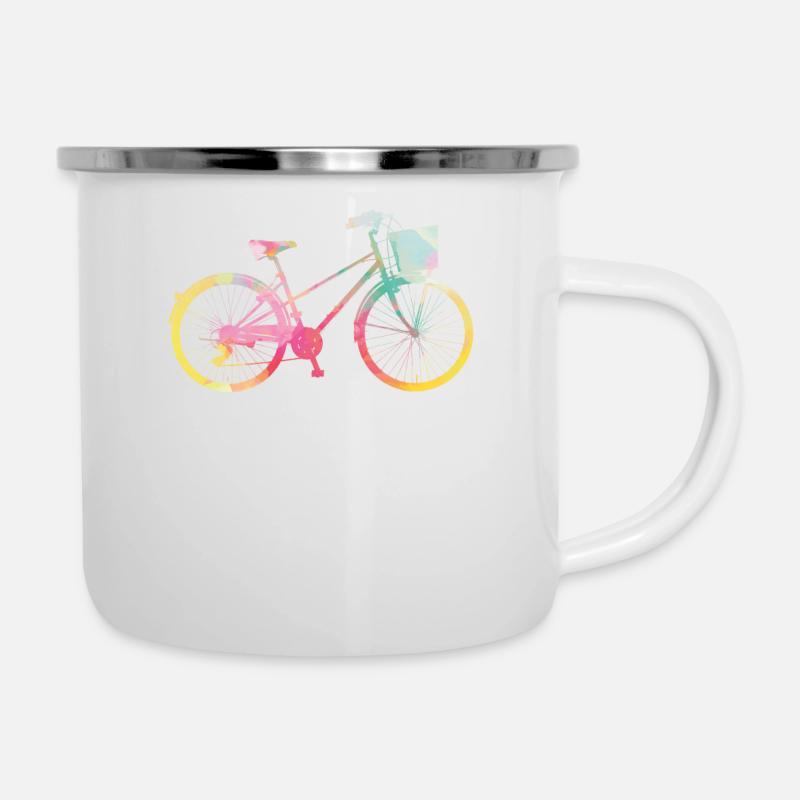 Damenrad mit Korb Regenbogenfarben Wasserfarben - Emaille-Tasse - Weiß