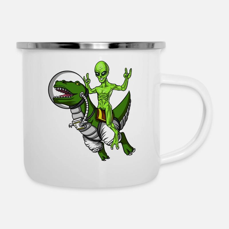 Space Alien Reiten T-Rex Dinosaurier Astronaut - Emaille-Tasse - Weiß