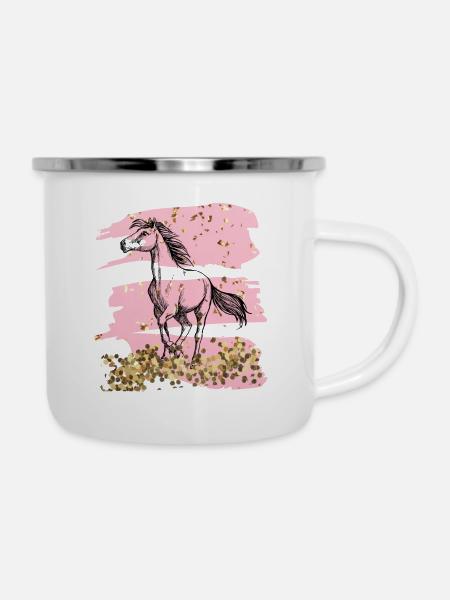 Pferd Gold rosa Glitzer - Emaille-Tasse - Weiß