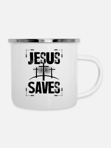 Jesus Saves - Emaille-Tasse - Weiß