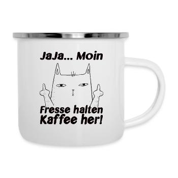 Ja Ja Moin Fresse Halten Kaffee her! Lustige Katze - Emaille-Tasse - Weiß - Rechts