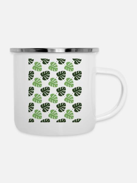 Monstera Muster - Emaille-Tasse - Weiß
